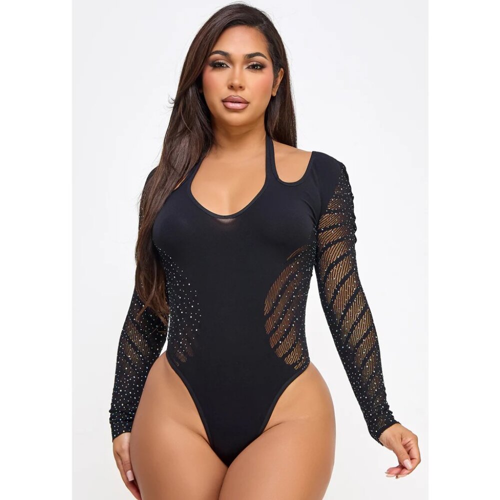 Elody Rhinestone Mesh Halter Bodysuit